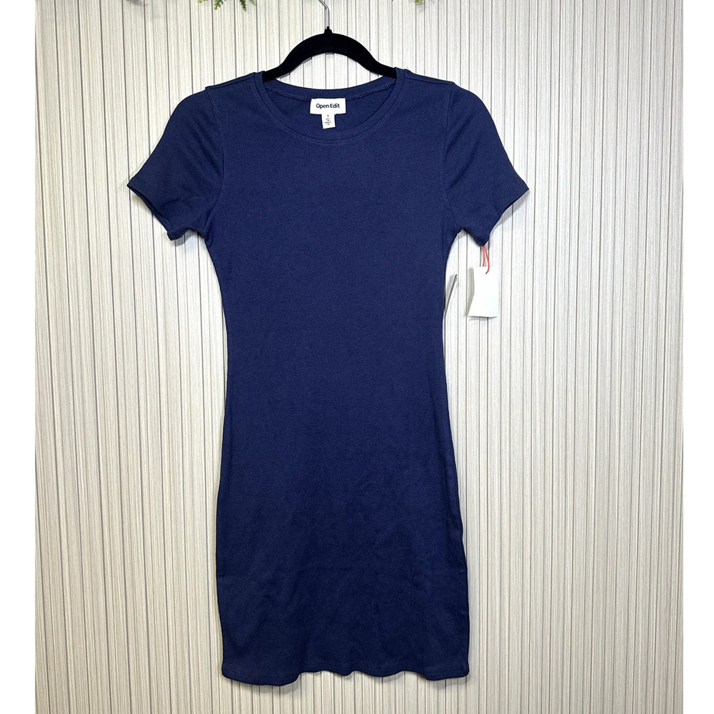 Open Edit Short Sleeve Ribbed Bodycon Dress Blue Women's Size XXS